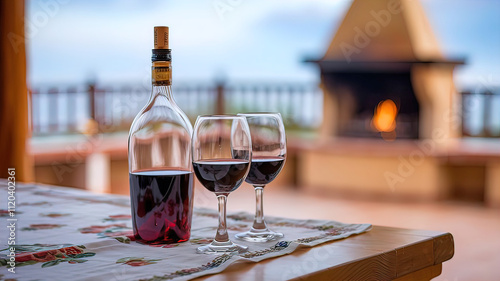 bottle of wine and two glasses of wine, on blurred background, time for rest, good wine, wine tasting