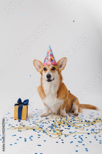 Corgi dog sitting with a gift box and confetti, perfect for celebrations and holidays photo