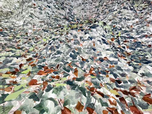 Autumn leaves pattern background. Colorful texture of ivy leaves in light green, dark green, turquoise, brown, yellow and orange tones. Soft multicolored deeply dry leaf pattern wallpaper. 