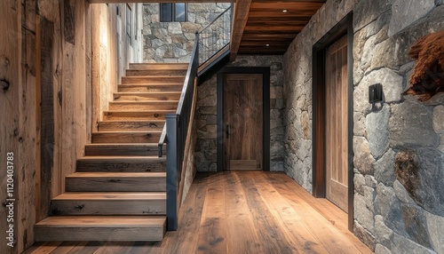 Rustic hallway featuring a wooden staircase and stone-clad wall, with a welcoming entrance door that adds to the cozy atmosphere