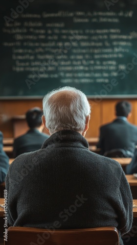 Elderly man observing a classroom lecture with attentive students