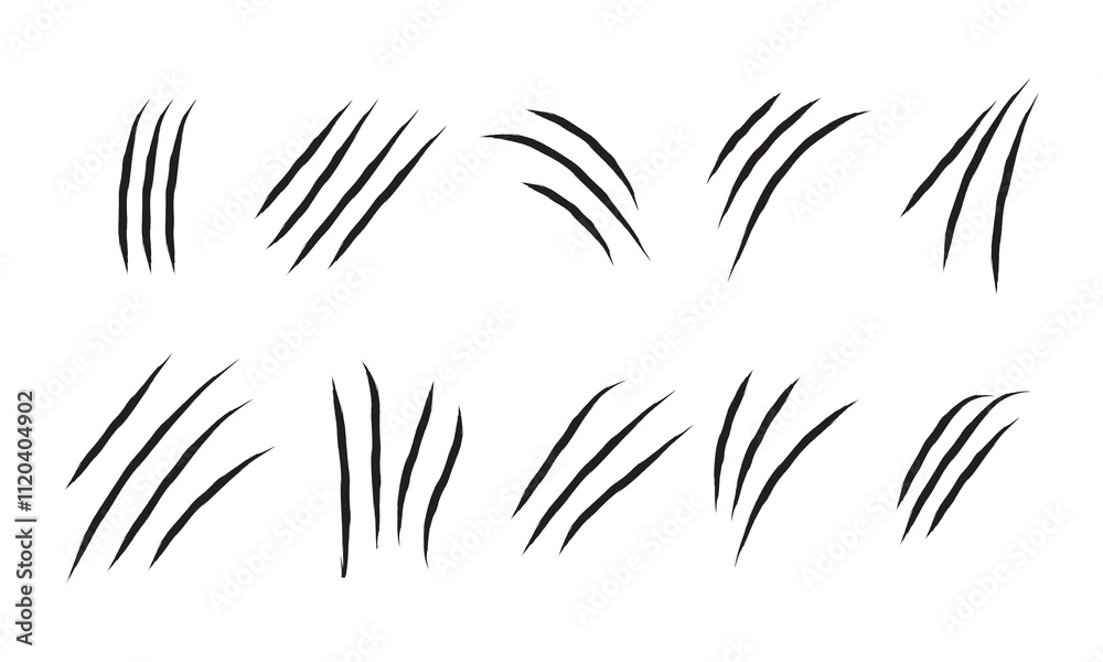 animal Claw scratches mark set. Cat tiger scratches paw shape. Intricate claw silhouettes, Cracks form animal claw scratches, wild beast paw marks with sharp fissures texture, animal Claw scratches mark set. Cat tiger scratches paw shape. Intricate claw silhouettes, Cracks form animal claw scratches, wild beast paw marks with sharp fissures texture,