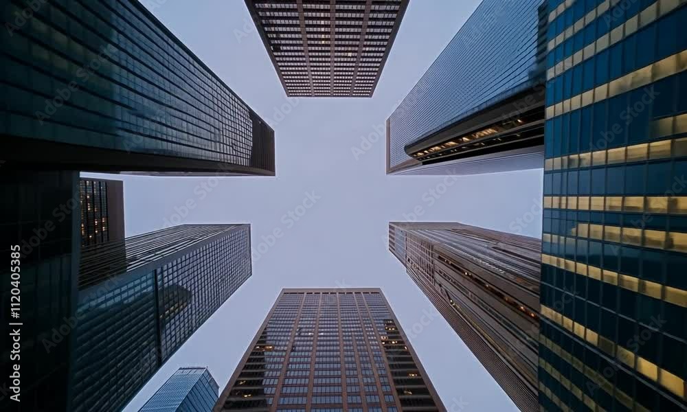 Tall skyscrapers surround a quiet urban square as twilight sets in, creating a serene yet dynamic atmosphere in the city