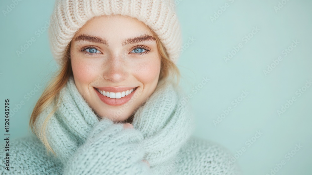 Winning winter fashion look with a smiling woman in a cozy blue outfit against a soft green background mockup, mock up, template, empty, for text, place, copyspace, copy space Winning winter fashion look with a smiling woman in a cozy blue outfit against a soft green background mockup, mock up, template, empty, for text, place, copyspace, copy space