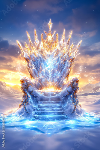 An ice throne towers against a twilight sky, glowing over the snowy landscape photo