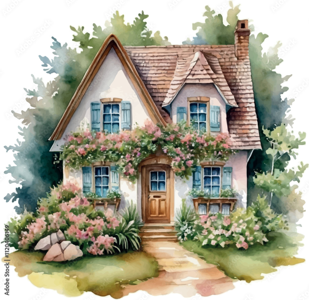 Fototapeta premium Watercolor Provance House with Flowers.