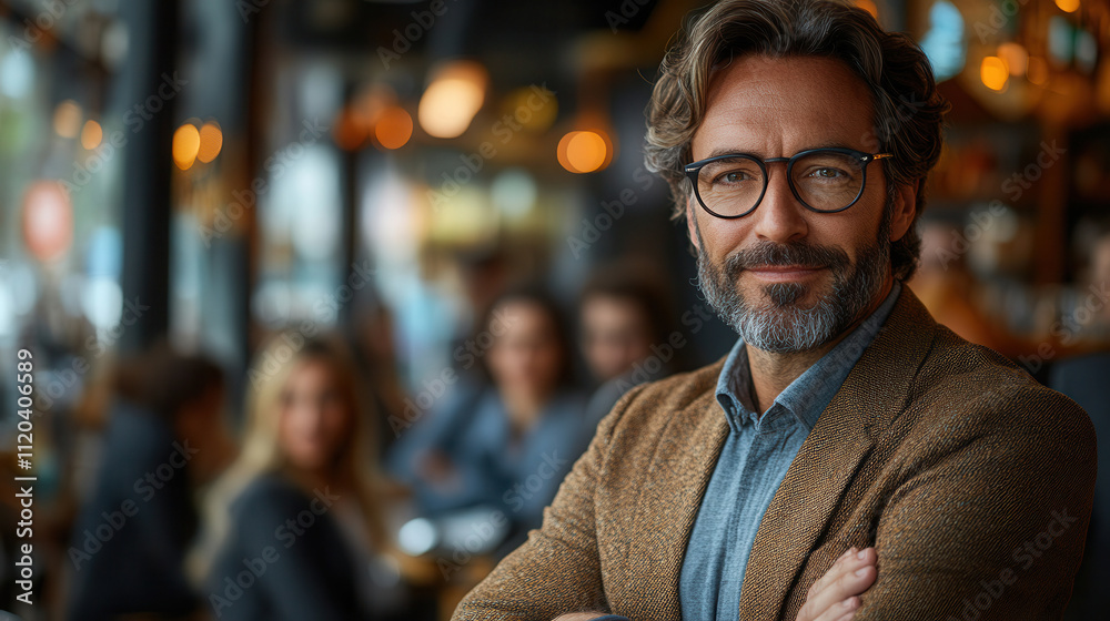 Successful businessman confidently leads his team with a smile in a collaborative environment Successful businessman confidently leads his team with a smile in a collaborative environment