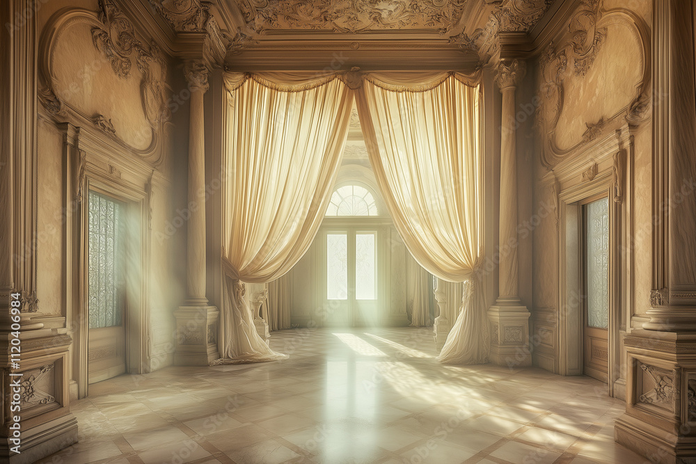 Architectural Photography of an Elegant Baroque Room with Flowing Drapes, Columns, Misty Atmosphere Photo Overlay
Architectural Photography of an Elegant Baroque Room with Flowing Drapes, Columns, Misty Atmosphere Photo Overlay