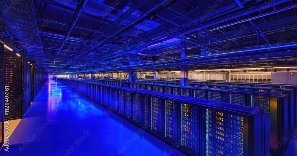 Fototapeta premium Rows of servers in a modern data center lit with blue lights.
