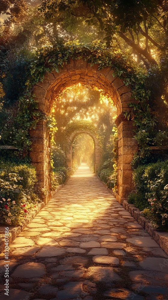 Fototapeta premium Serenity walk through a sunlit garden archway in spring