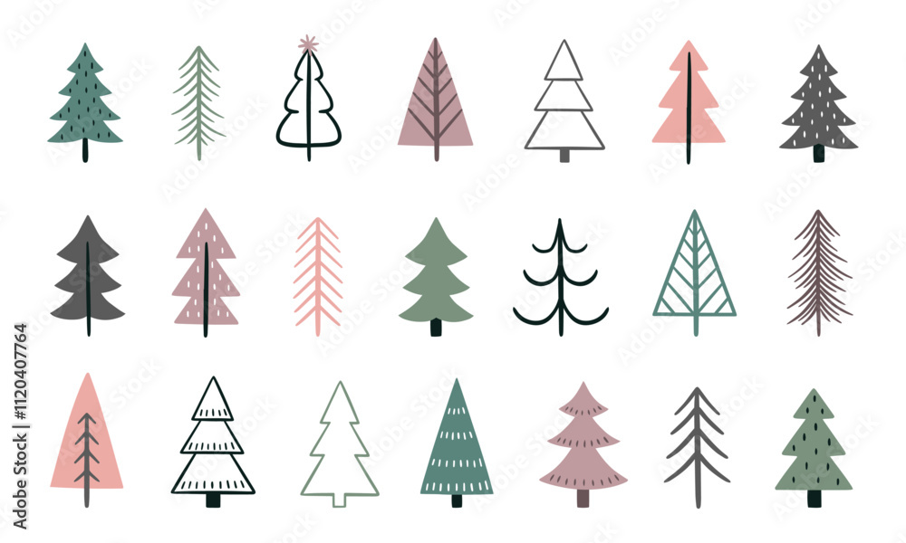 Obraz premium A set of hand-drawn Christmas trees. Vector illustration
