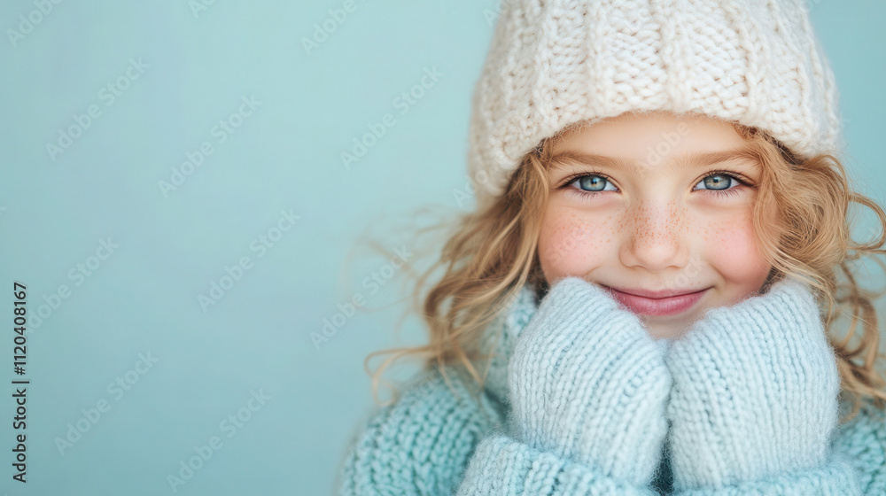 Smiling child in winter outfit on light green background showcasing winter fashion style Smiling child in winter outfit on light green background showcasing winter fashion style