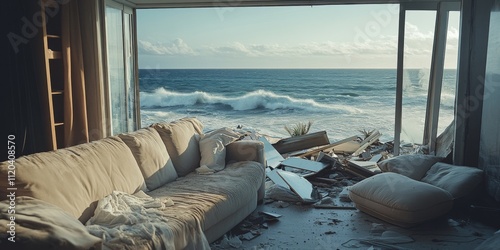 A beachside living room in chaos, showcasing a view of the ocean through broken glass. The couch sits amidst debris, telling a story of turmoil. A serene style contrasts with the wreckage. AI