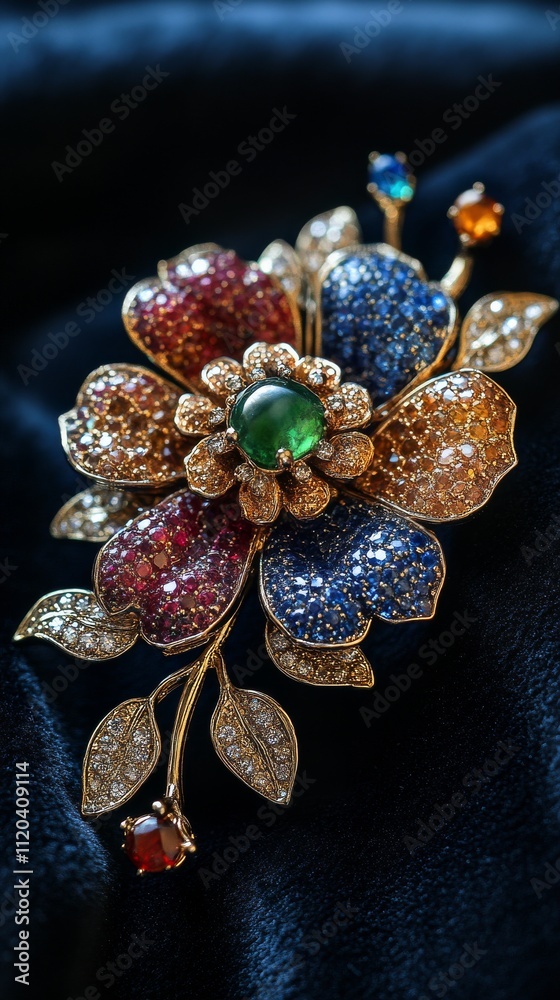 Fototapeta premium Beautiful flower brooch with multicolored stones and intricate design