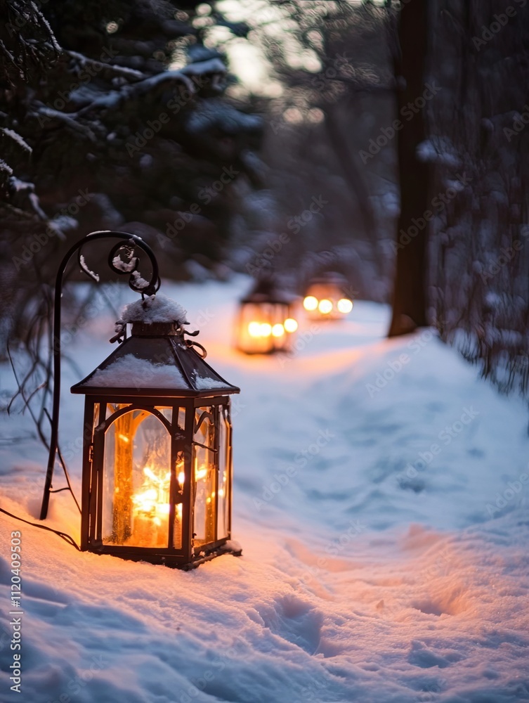 Enchanted Winter Forest Path with Lanterns Enchanted Winter Forest Path with Lanterns