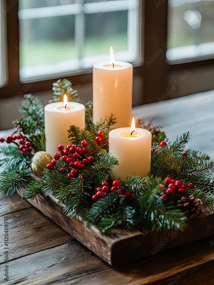 Rustic Christmas Centerpiece with Candles and Greenery Rustic Christmas Centerpiece with Candles and Greenery
