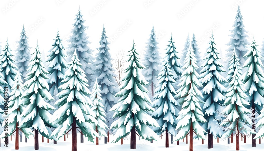 Obraz premium Seamless pattern with snow-covered trees in a forest hand drawn in watercolor isolated on a white background. Watercolor winter illustration. Christmas background, digital art