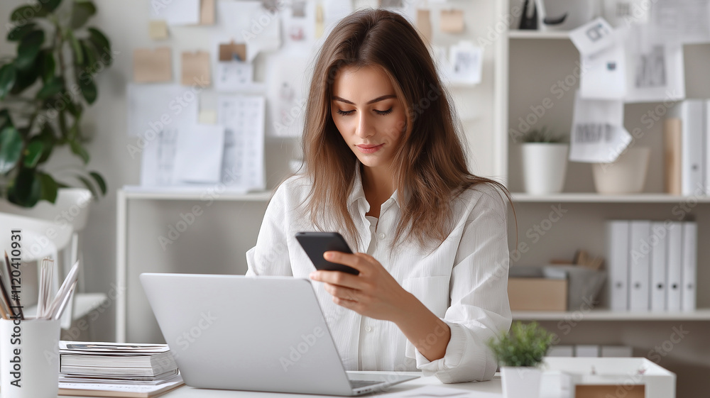focused woman working on laptop while checking her phone in modern office focused woman working on laptop while checking her phone in modern office