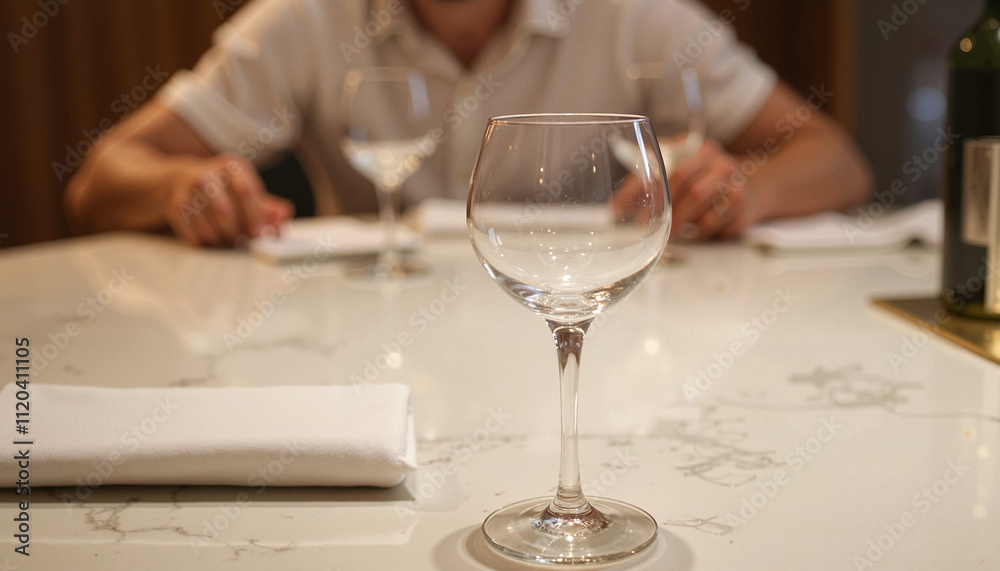 Empty wine glass on marble table in restaurant setting Empty wine glass on marble table in restaurant setting