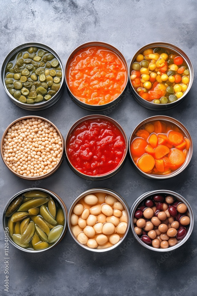 Φωτογραφία A row of canned vegetables including beans, peas, carrots, and tomatoes