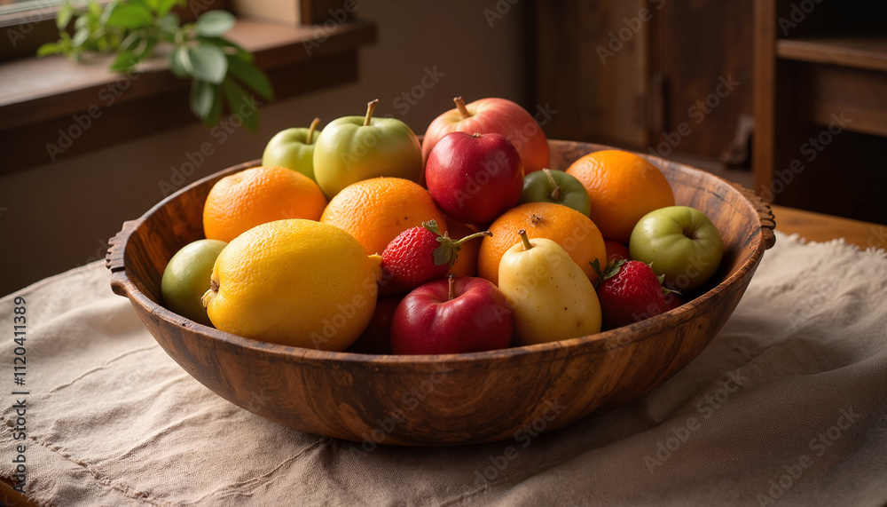 Wooden bowl of assorted fresh fruits on rustic table Wooden bowl of assorted fresh fruits on rustic table