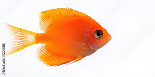 A small orange fish is swimming in a tank. The fish is the only thing in the image