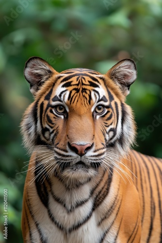 A tiger is staring at the camera with its eyes wide open. The tiger is standing in a lush green forest, surrounded by trees and foliage. Concept of curiosity and wonder