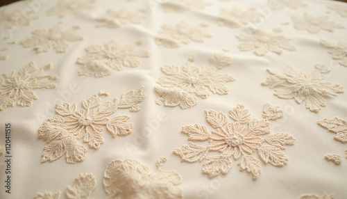 Beige floral embroidery pattern on soft fabric background