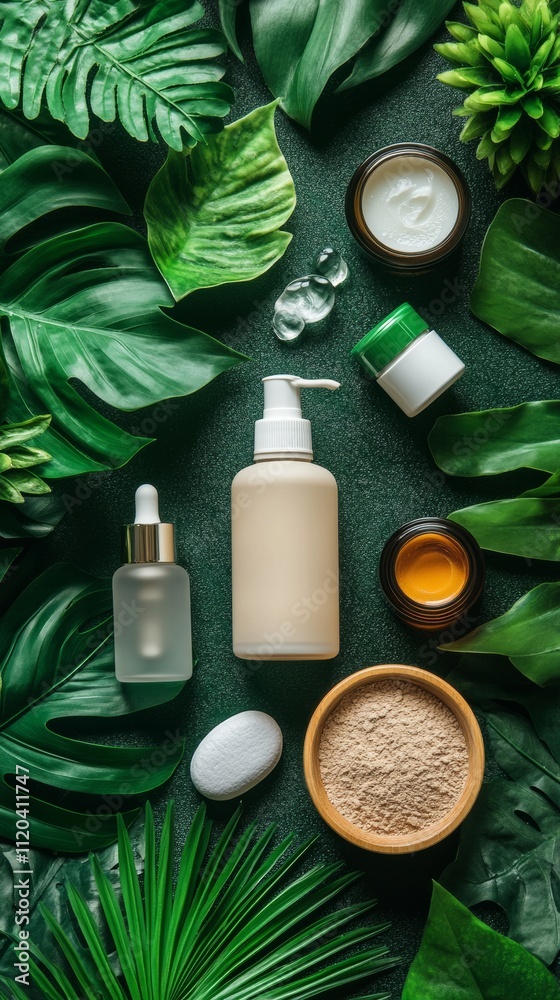 Natural skincare products arranged on green leafy backdrop Natural skincare products arranged on green leafy backdrop