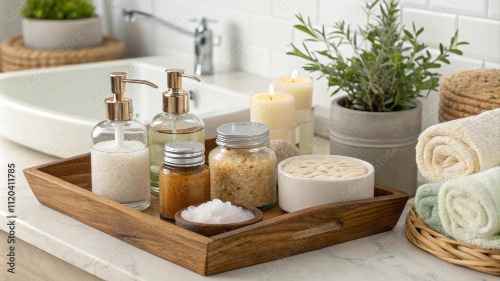 A family bathroom features a clean countertop setup with an elegant wooden tray holding an assortment of DIY bath and body cleaning products. There are small glass containers