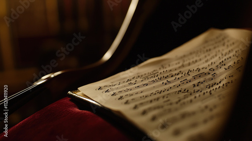 Classical music sheet notes elegantly displayed on a wooden stand, embodying the timeless beauty and intricate artistry of orchestral compositions.