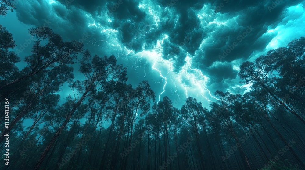 Storm clouds unleash lightning over a swaying forest at dusk Storm clouds unleash lightning over a swaying forest at dusk