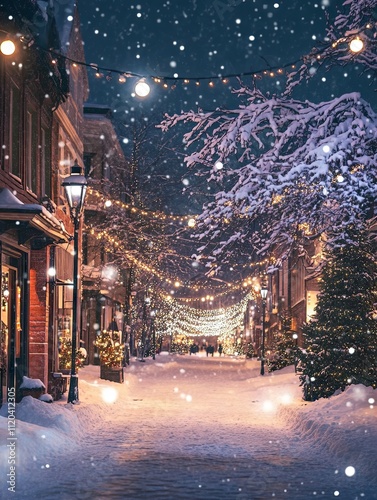 Snowy Street with Christmas Lights at Night