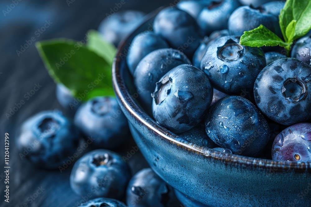 Fresh blueberries in a blue bowl with green leaves on a dark surface adorned with droplets of water Fresh blueberries in a blue bowl with green leaves on a dark surface adorned with droplets of water