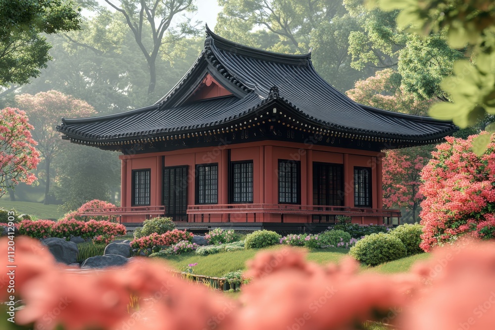 A serene traditional building surrounded by vibrant flowers in a tranquil garden setting. A serene traditional building surrounded by vibrant flowers in a tranquil garden setting.