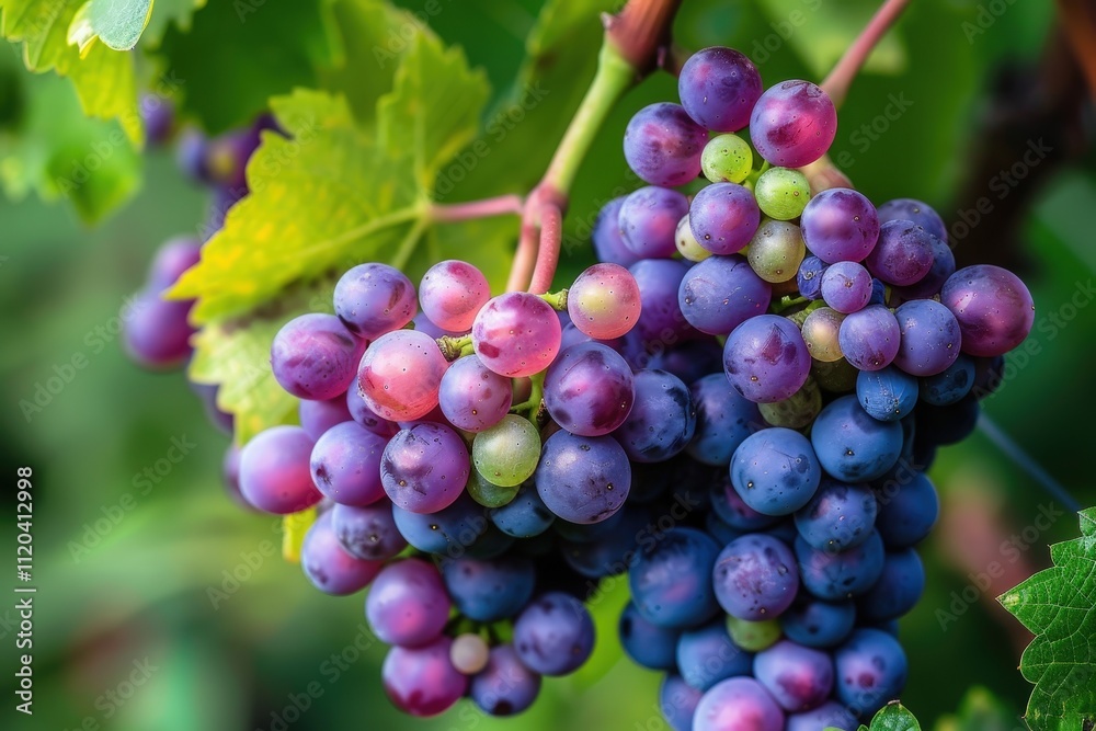Bunches of ripe purple grapes hanging from vines in a lush vineyard during the warm season Bunches of ripe purple grapes hanging from vines in a lush vineyard during the warm season
