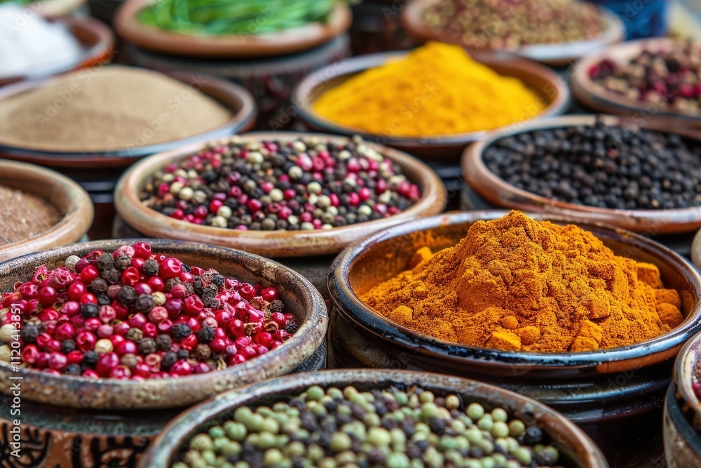 Vibrant assortment of spices displayed in wooden bowls at a market, showcasing a variety of colors and textures during daylight hours