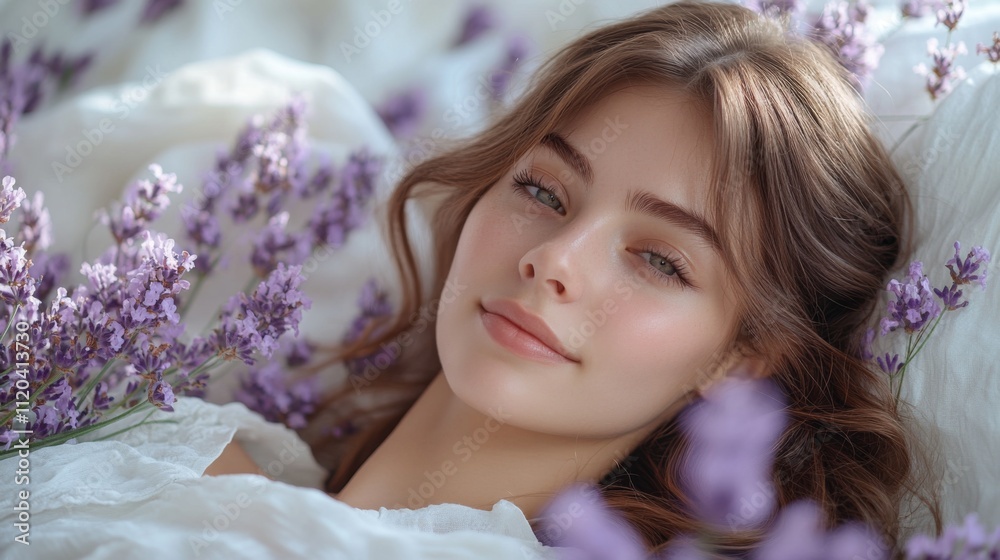 A young woman is surrounded by blooming lavender flowers, lying comfortably on soft fabric. The sunlight enhances her serene expression, creating a peaceful atmosphere. A young woman is surrounded by blooming lavender flowers, lying comfortably on soft fabric. The sunlight enhances her serene expression, creating a peaceful atmosphere.