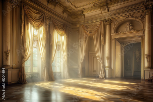 Architectural Photography of an Elegant Baroque Room with Flowing Drapes  Columns  Misty Atmosphere Photo Overlay  