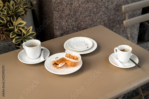 Empty coffee cups and a dessert wrapper are on the table of a coffee shop outside in the city photo