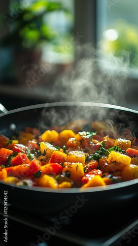 Colorful vegetable medley simmering in a skillet on a stove