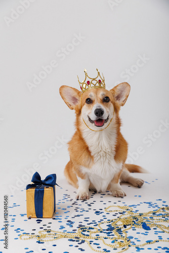 Royal corgi dog wearing a golden crown with a gift, confetti, and festive decorations photo