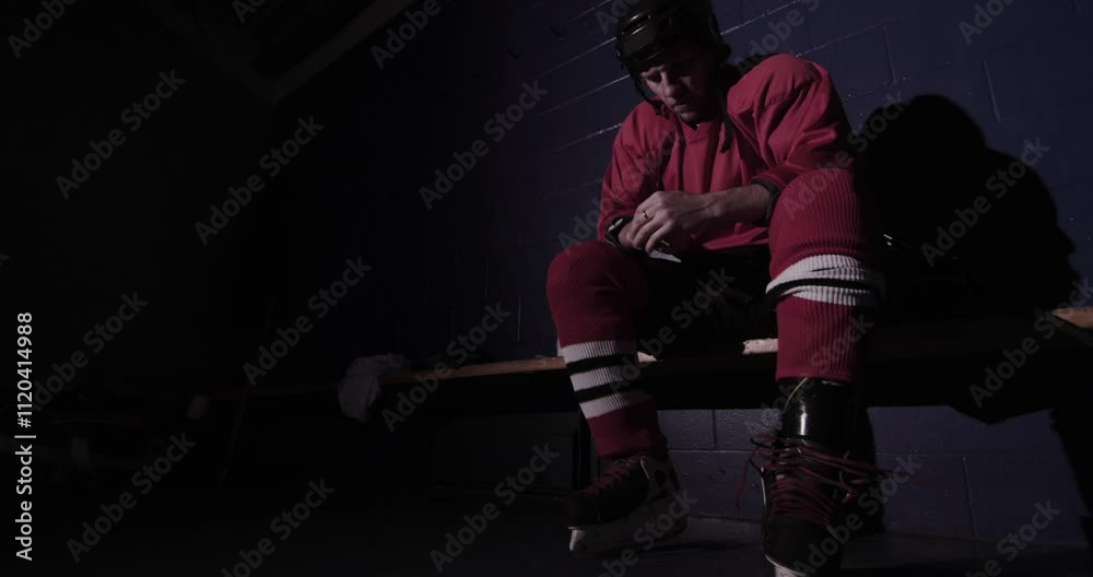 Player lacing up hockey skates in a dark dressing room Player lacing up hockey skates in a dark dressing room