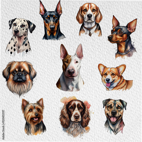 set of dog breeds drawn, Beagle, Breedhound, Bull Terrier, Corgi, Dalmatian, Doberman, Pickiness, Pinscher, Pinscher, Spaniel, Australian, Silky Terrier, Beagle, watercolor set of dogs