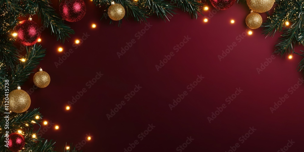 Christmas background with festive decorative decoration elements. Christmas tree branches with lights ornament balls. Christmas New Year border, xmas frame, Holiday banner and poster