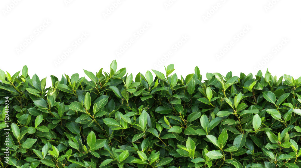 Obraz premium Lush green leaves forming a vibrant hedge against a white isolated background.