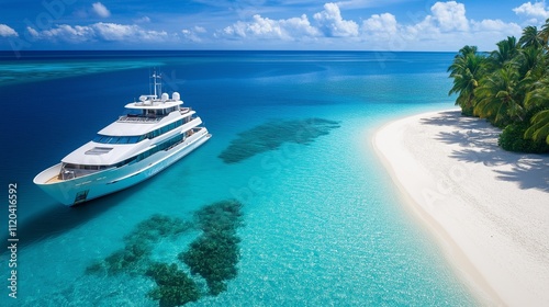 luxurious yacht anchored in a secluded bay, with pristine white sand beaches photo