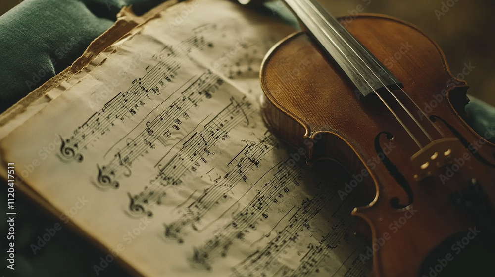 Fototapeta premium Classical music sheet notes elegantly displayed on a wooden stand, embodying the timeless beauty and intricate artistry of orchestral compositions.