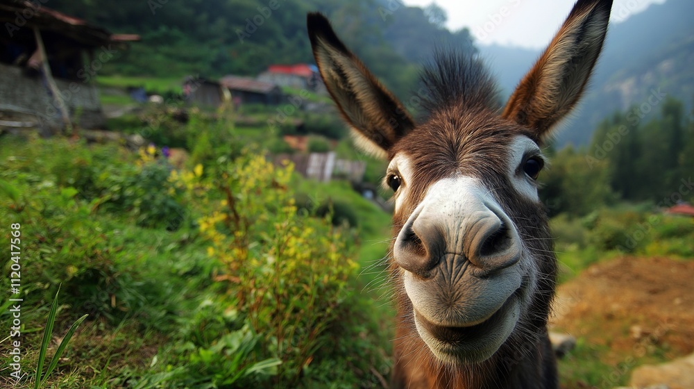 Fototapeta premium The donkey looks into the camera lens, close-up of the funny muzzle