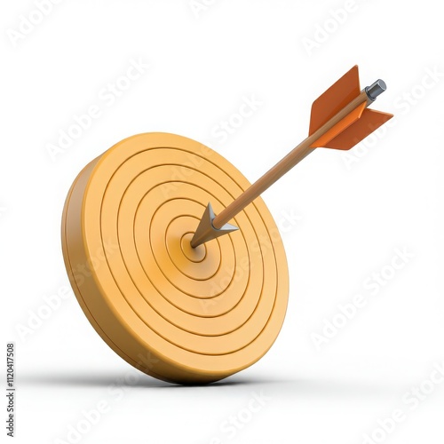 Dart hitting yellow bullseye or target on white background for achievement, focus, success, and business strategy concepts. photo